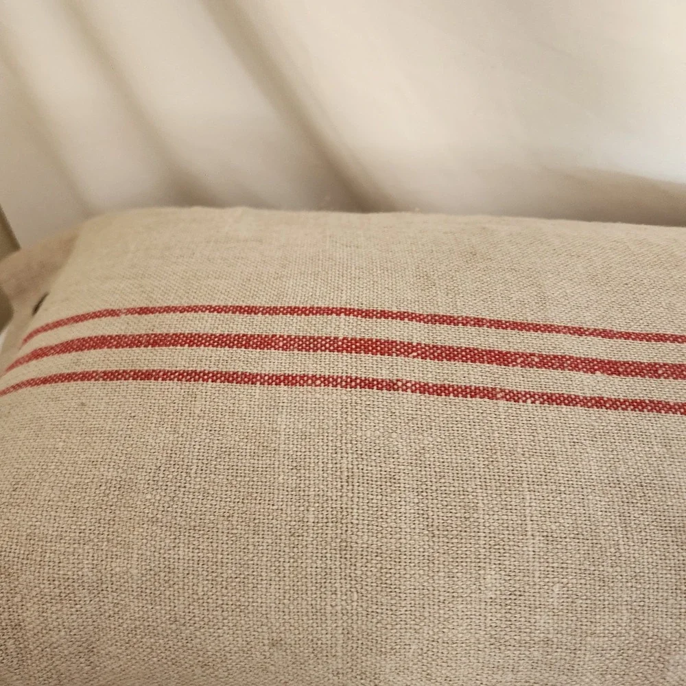 POTTERY BARN RED STRIPE LINEN HEMP FRENCH GRAIN SACK BUTTON PILLOW  16x26